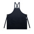 A black apron featuring crossed straps and a large front pocket, with eyelets and ties for fastening.