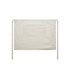 A beige linen half apron featuring a front pocket and ties for fastening, with a logo on the side.