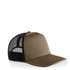 A brown trucker cap with a black mesh back and a curved brim, featuring a logo on the front.