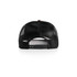 A black trucker cap featuring a mesh back and an adjustable strap. Includes a logo on the back.