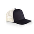 A black trucker cap with a cream mesh back and a curved visor, featuring a logo on the front.