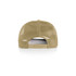 A khaki trucker cap featuring a mesh back and an adjustable strap. It includes a logo on the side.