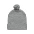 A grey beanie with a pom pom on top, featuring a fold-over cuff and a simple design.