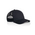 A black trucker cap featuring a mesh back and a solid front panel, designed for casual wear.