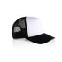 A two-tone trucker cap featuring a white front and black mesh sides. It includes a logo on the front.