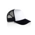 A two-tone black and white trucker cap with a mesh back and a logo on the front.