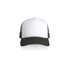 A two-tone trucker cap featuring a white front panel and a black peak with mesh sides.