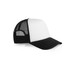A two-tone black and white trucker cap with a mesh back and a solid front panel featuring a logo.