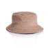 A cord bucket hat in a soft pink hue with a wide brim and a textured surface. It features a logo.