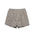 Striped boxer shorts in light grey and white with an elastic waistband. Features a simple design and branding.