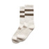 A pair of cream socks featuring two brown stripes and a branding logo.