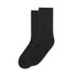 Two pairs of black knit socks with ribbed design. The product includes a logo on one of the socks.