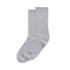 A pair of grey knit socks with ribbed detailing, displayed side by side.