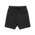 Black youth stadium shorts with an elastic waistband and drawstring, featuring a simple, minimalist design.