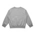 A grey sweater featuring a classic crew neck and ribbed cuffs, with a logo on the back.