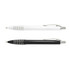 Two plastic pens are displayed: one white with silver detailing and one black with silver detailing, both featuring a logo.