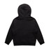 A black zip hoodie with a hood and long sleeves, featuring a simple design and a logo.