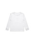 A white long-sleeve t-shirt for kids featuring a simple design and a logo on the front.