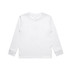 A long-sleeve white T-shirt features a crew neck and ribbed cuffs, with a simple design and branding.