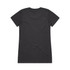 A dark grey T-shirt featuring a simple design and a branding logo on the back.