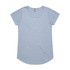 A light blue short-sleeved T-shirt with a rounded neckline and a logo on the back.