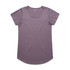 A purple t-shirt with a scoop neck and short sleeves, featuring a branding label.
