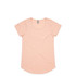 A light peach t-shirt with a round neckline and short sleeves. It features a tag and has a plain design.