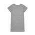 A grey organic dress with short sleeves and a simple design, featuring a branding logo on the back.