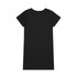 A black organic short-sleeve dress with a simple design and a round neckline, featuring a brand logo.