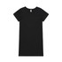 A black short sleeve dress displayed flat. The dress features a round neckline and a simple design. It includes a logo tag.