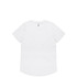 A white T-shirt with a round neck and short sleeves, featuring a logo on the back.