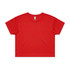 A red crop tee with a round neckline and short sleeves. It features a logo.