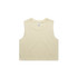 A pale yellow crop tank top with a logo, featuring a sleeveless design and a relaxed fit.