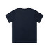 A navy blue t-shirt featuring a simple design and a logo on the back.