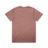 A faded taupe t-shirt with a plain back and short sleeves, featuring a branding logo.