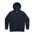 A navy blue hoodie with a front pocket and a drawstring hood, featuring a logo.
