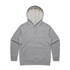 A grey hoodie featuring a front pocket and a light-coloured inner hood. It includes a logo on the garment.