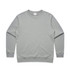 A light grey crew jumper with a round neckline and long sleeves. It features a logo on the garment.