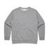 A grey sweater with a crew neck and long sleeves, featuring a simple design and branding.