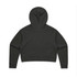 A dark grey cropped hoodie with a hood and long sleeves, featuring a minimalistic design and logo.