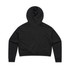 A black cropped hoodie with a hood, featuring a simple design and a snug fit.