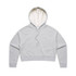 A grey cropped hoodie with a light-coloured lining and a front pocket. It has a drawstring hood and long sleeves.