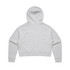 A grey cropped hoodie with a hood and long sleeves, featuring a simple design. It has a logo on it.