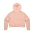 A pink cropped hoodie with a hood and long sleeves, featuring a plain design and a small logo detail.