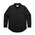 A black button-up shirt with long sleeves, featuring a standard collar and a logo on the label.
