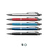 A set of four metal pens in silver, red, blue, and black, featuring textured grips and a logo.
