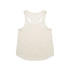 A light cream racerback tank top featuring a rounded hem and a logo tag.