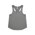 A grey racerback tank top with a simple design and a logo. Suitable for active wear.
