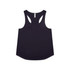 A dark purple racerback tank top featuring a rounded hem and a logo.