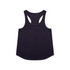 A black racerback tank top with a rounded hem and a logo. The back features a unique cut design.